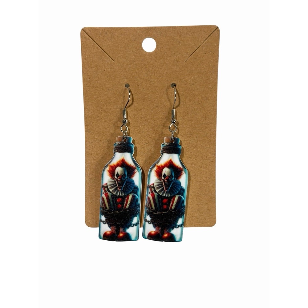 Horror Clown in a Bottle Acrylic Drop Earrings Spooky Halloween Circus Dangle